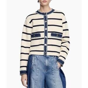 $368 Sandro Striped Cardigan with Denim Details & Snap Buttons - FR 2 US 6